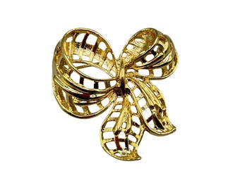 Gold Tone Bow Pin Brooch Textured Openwork Fluffy Puffy Ribbon Bow