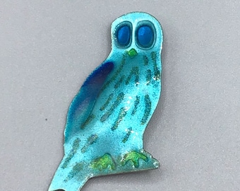 Retro Owl Brooch Blue Enamel Metal Bird Pin Handcrafted Vintage Figural Jewelry