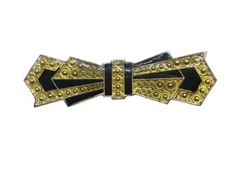 Pierre Bex Style Art Deco Inspired Brooch Enamel Gold & Black Ribbon Bow Pin