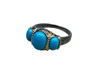 Vintage Turquoise Ring Size 8 Oxidized  Sterling Silver 925 With Gold Vermeil