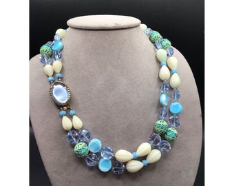 Vintage Blue Necklace Double Strand Glass & Plastic Crystals Beaded Jewelry