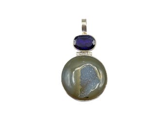 Silver Druzy & Amethyst Pendant Round Sterling Silver 925 2" Long