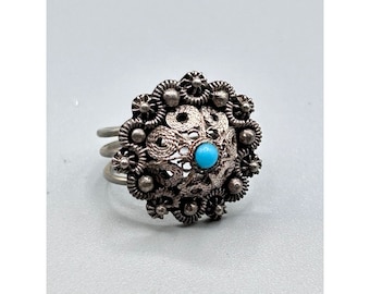 Etruscan Revival Filigree Ring Adjustable Silver Tone with Faux Turquoise Stone
