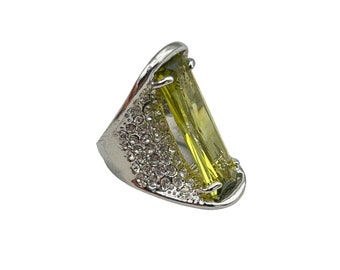 Fancy Statement Ring Size 6 Wide Cocktail Ring with Elongated Green Glass Stone