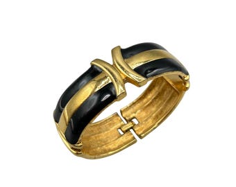 Vintage MONET Hinged Bangle Bracelet Gold Tone And Black Enamel