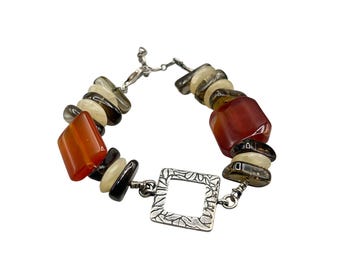 Handcrafted Carnelian Beaded Bracelet Semi Precious Stones Sterling Silver Clasp 8.5" Long