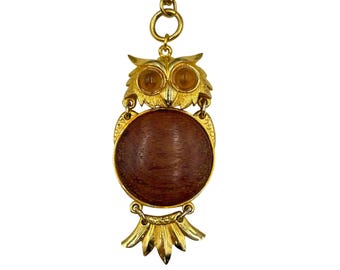 Vintage MCM Owl Necklace Mid Century Modern Metal Wood Oversized Bird Pendant