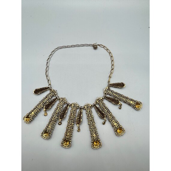 Statement Necklace Antiqued Gold Tone Bib Style E… - image 5