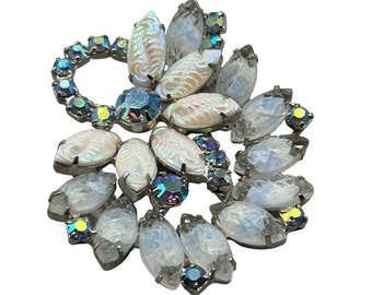 Vintage Rhinestone Flower Pin Brooch Molded Glass Specialty Stones Blue White