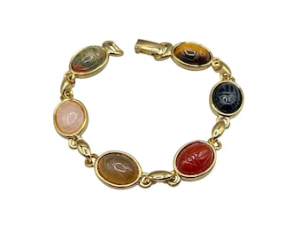 AVANTE Scarab Bracelet Semi Precious Stones Carved Cabochons 7" Long Gold Tone