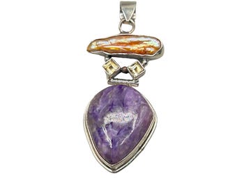 Sterling Silver Pendant with Purple Amethyst Pearl & Citrine Color Gemstones