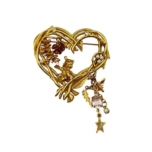 Kirks Folly Wisteria Fairy Vine Heart Pin Brooch Gold Tone Dangles Fairy Jewelry