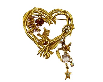 Kirks Folly Wisteria Fairy Vine Heart Pin Brooch Gold Tone Dangles Fairy Jewelry