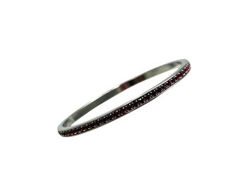Thin Bangle Bracelet With Red Garnet Color Crystals Prong Set Stones Silver Tone
