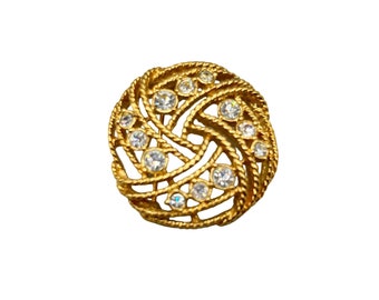 Vintage Rhinestones Pin Brooch Gold Tone Round Circle Domed Intersected Design