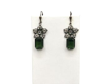 Antique Style Earrings Green Glass & Rhinestone Flowers Lever Back Dangles