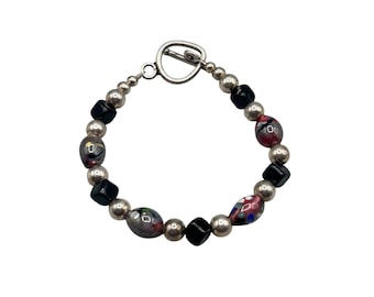 Handcrafted Art Glass And Sterling Silver Bracelet Beaded 7" Long