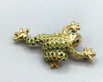 Monet Frog Brooch Ombre Rhinestones Gold Tone and Green Crystals Designer Signed