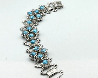 Vintage Bookchain Bracelet Silver Tone Faux Turquoise Stones 70s Costume Jewelry