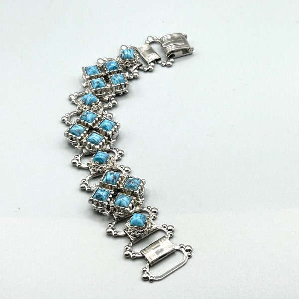 Vintage Bookchain Bracelet Silver Tone Faux Turquoise Stones 70s Costume Jewelry