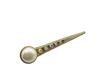 Vintage Gold Tone Brooch with Faux Pearl & Rhinestone Accents Dagger Brooch