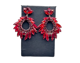 Red Rhinestones Dangles Earrings Hand Crafted Pierced Drops Statement Jewelry