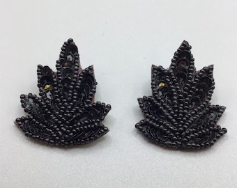 Black Beads Sequins Earrings Leaf Shaped Handcrafted Vintage 80s Costume Jewelry
