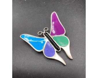 Sterling Silver Inlay Butterfly Pin Brooch Taxco Mexico Handmade Colorful Insect