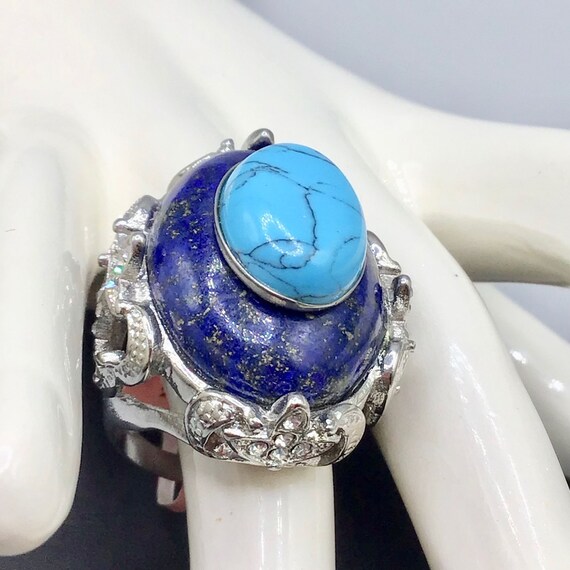 Lapis Lazuli & Turquoise Stone Ring Size 8 Semi P… - image 6