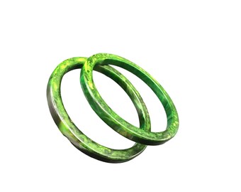 Vintage Bakelite Bangles Set of 2 Marbled Moss Green Squared Edges Design