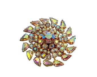 Kramer of NY Signed Vintage Pin Brooch AB Aurora Borealis Stones Layered Design