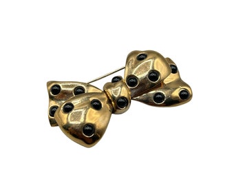 Vintage CAROLEE Bow Pin Brooch Gold Tone with Black Polka Dots Ribbon Pin Signed