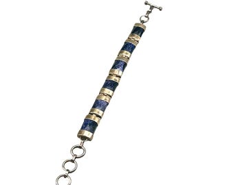 Blue Goldstone Sterling Silver 925 Link Bracelet Genuine Semi Precious Stone