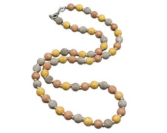 Tri Color Gold Over Sterling Silver Necklace Beaded Textured Silver 925 Classic
