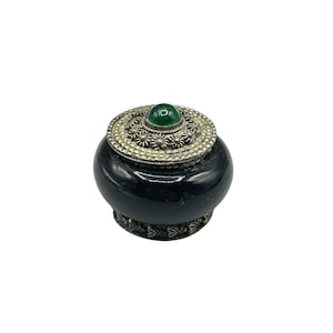 Vintage Ornate Black & Silver Trinket Box with Green Glass Stone Lid Keepsake