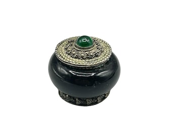 Vintage Ornate Black & Silver Trinket Box with Green Glass Stone Lid Keepsake
