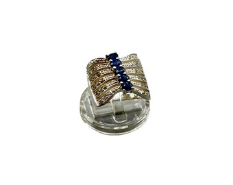 Wide Blue Topaz Ring Size 7 Sterling Silver 925 White Topaz Pave Elegant Ring