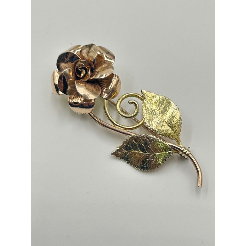 Vintage Signed DIANA Krementz Rose Flower Pin Brooch with Stem Gold Rolled Pin image 3