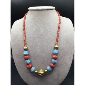 Turquoise & Coral Color Glass Beaded Necklace Vintage Ethnic Tribal Jewelry