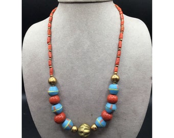 Turquoise & Coral Color Glass Beaded Necklace Vintage Ethnic Tribal Jewelry