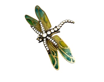 Vintage KJL Dragonfly Pin Brooch Crystal Accents Plique A Jour Style Wings