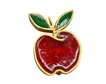 Vintage Signed JOY Apple Brooch Fruit Design Pin Red & Green Resin Gold Tone
