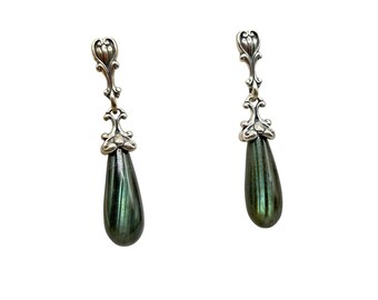 Green Tiger Eye Carolyn Pollack Dangles Earrings Relios Sterling Silver Long Drops