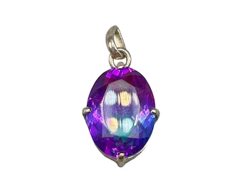 Sterling Silver 925 Pendant with Blue & Purple Glass Stone Oval Shape 1"
