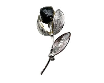Vintage Filigree Pin Brooch Sterling Silver Tiny Flower with Black Stone Floral