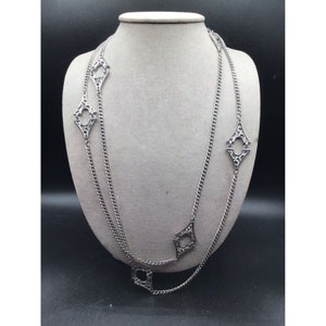 Vintage Station Necklace Silver Tone Textured Extra Long Cuban Chain 70s Jewelry
