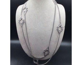Vintage Station Necklace Silver Tone Textured Extra Long Cuban Chain 70s Jewelry