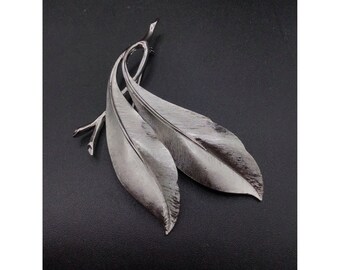 Trifari Signed Brushed Leaf Brooch Silver Tone Big Layered Leaves Statement Pin