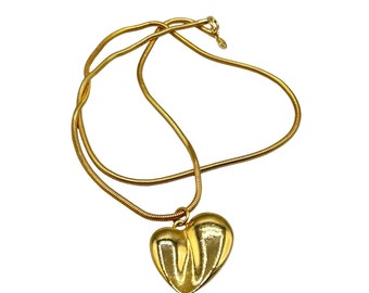 Vintage Carolee Heart Necklace 90s Long Snake Coil Chain Gold Tone Love Pendant