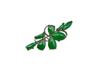 Antike Jade-Brosche, viktorianisch, grüne Blätter, Kleeblatt-Design, echte Steine